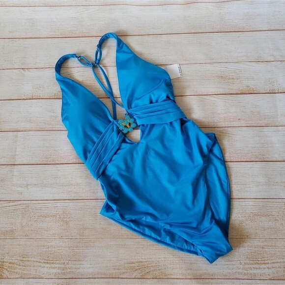 Trina Turk Monaco Solids Plunge One-Piece Swimsuit in Adriatic Blue - Picture 6 of 15